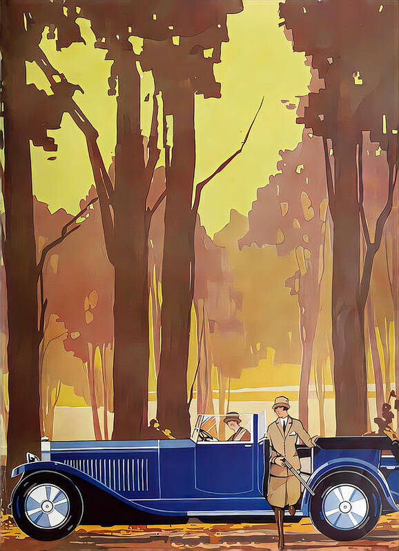 Vintage Poster featuring the mixed media 1927 Open Touring Car With Woman Hunters In Forest Setting Original French Art Deco Illustration by Retrographs
