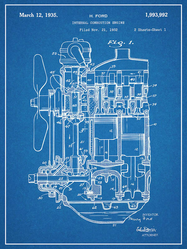 Henry Ford Poster featuring the drawing 1932 Henry Ford Engine Patent Print Blueprint by Greg Edwards