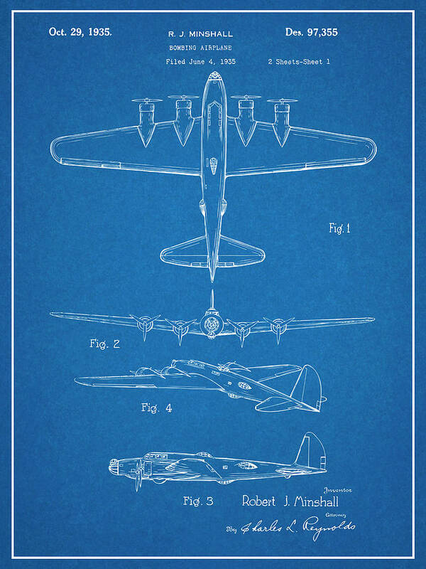 1935 B17 Flying Fortress Patent Print Poster featuring the drawing 1935 B17 Flying Fortress Blueprint Patent Print by Greg Edwards