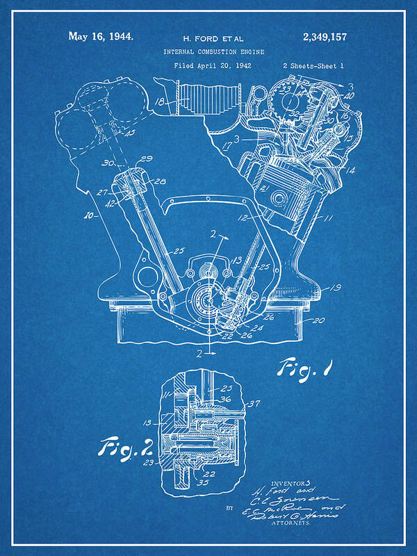 Henry Ford Poster featuring the drawing 1942 Henry Ford Internal Combustion Engine Patent Print Blueprint by Greg Edwards