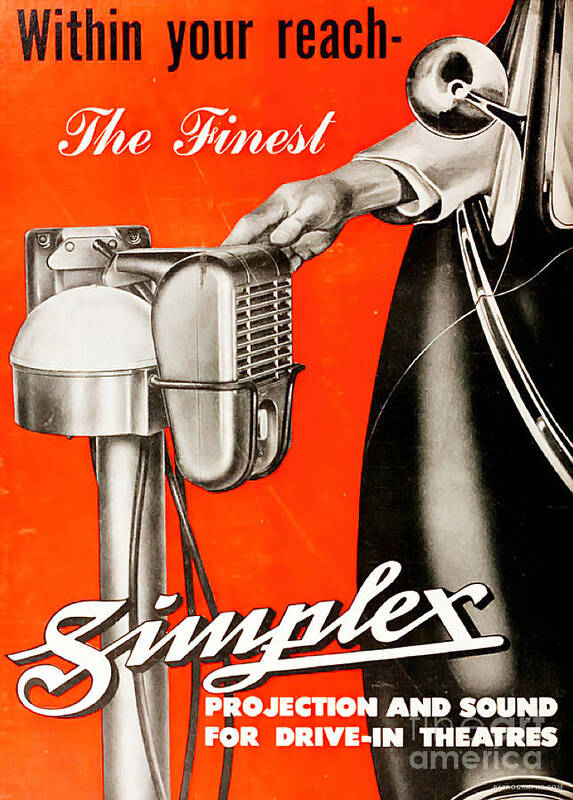 Vintage Poster featuring the mixed media 1950s Simplex Drive In Theatre Sound System Advertisement by Retrographs