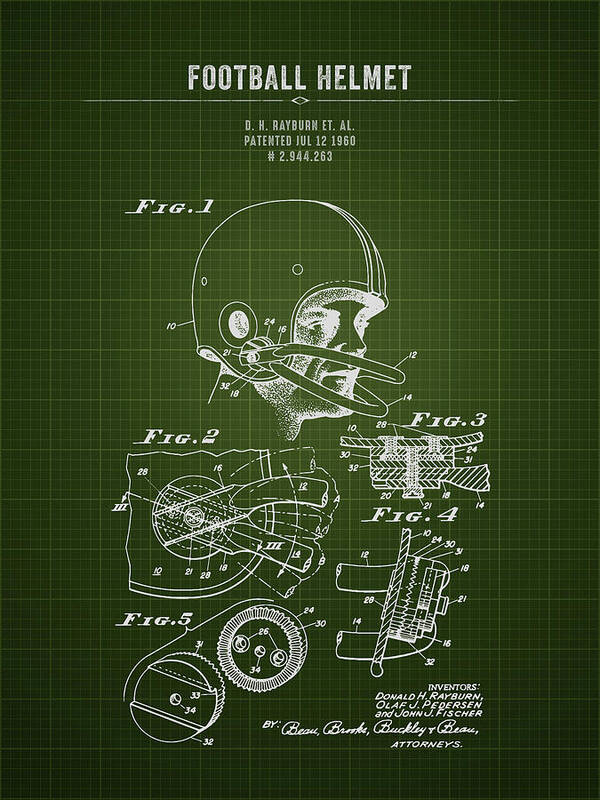 Football; Football Helmet; Football Patent; Nfl; Softball; National Football League; Football Player; Sport Patent; Famous Inventions; Blueprint Patent; Vintage Patent; Patent; Patented; Inventions; Inventor; Patent Illustration; Patent Drawing; Exclusive Rights; Intellectual Property; Patentee; Patent Application Poster featuring the digital art 1960 Football Helmet - Dark Green Blueprint by Aged Pixel