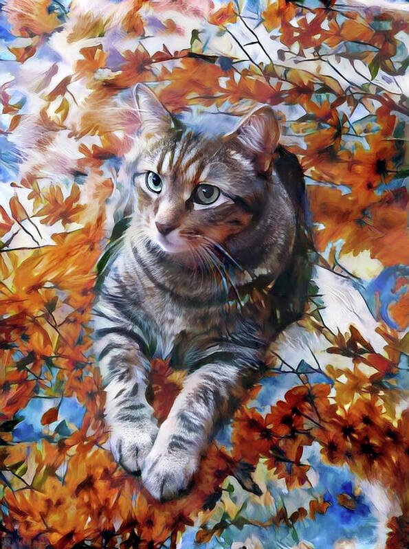 Tabby Cat Poster featuring the digital art Amos in Flowers by Peggy Collins