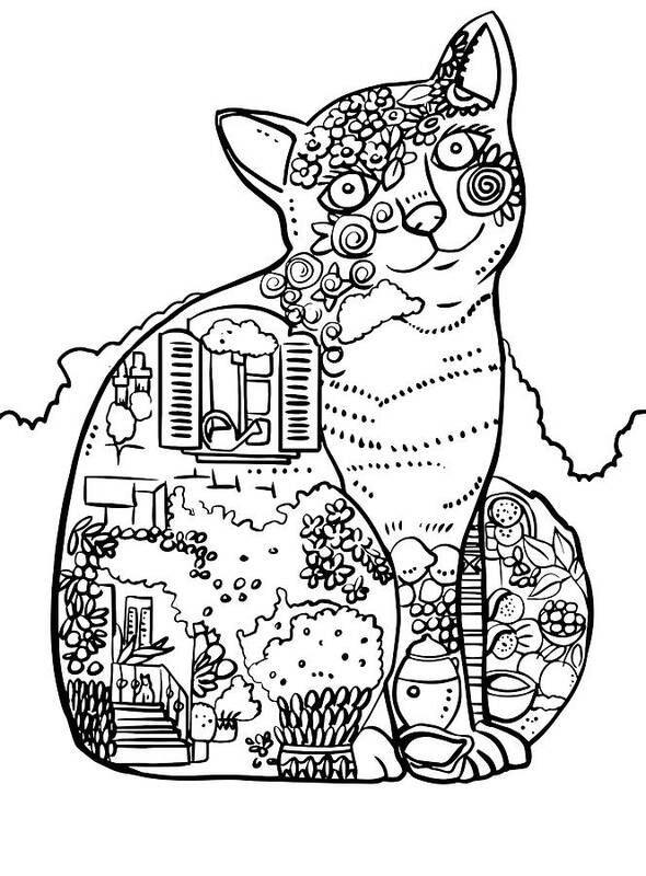 Beautiful Provence Cats Poster featuring the painting Beautiful Provence Cat: Line Art by Oxana Zaika