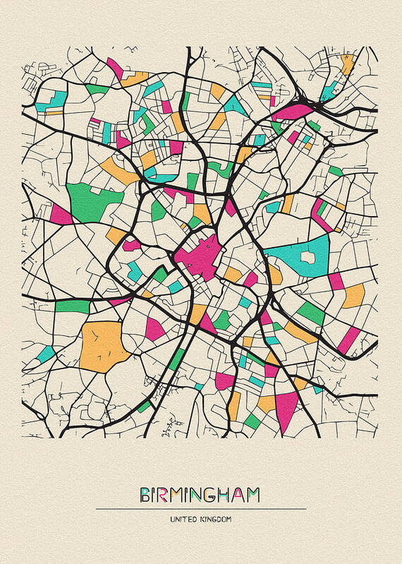 Birmingham Poster featuring the drawing Birmingham, United Kingdom City Map by Inspirowl Design