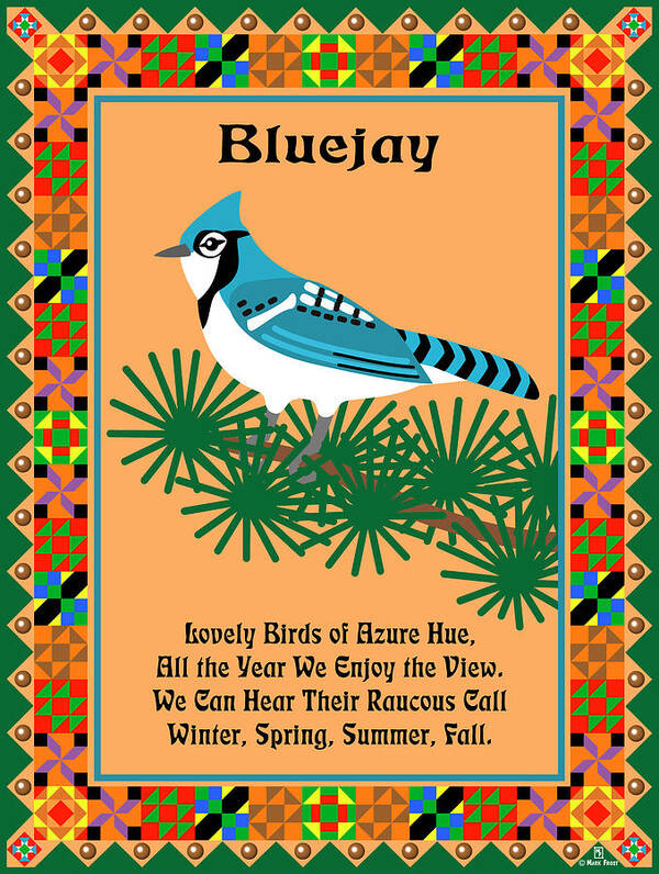 Blue Jay Poem Quilted Border Poster featuring the digital art Blue Jay Quilt by Mark Frost