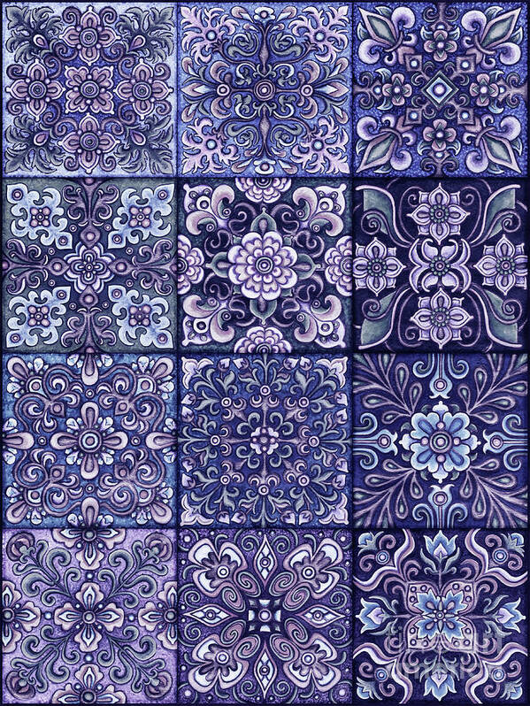 Ornamental Poster featuring the painting Botanical Mandala Tiles 3 Cool Blues by Amy E Fraser