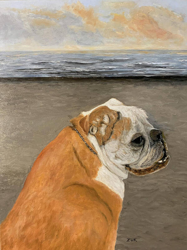 Dog Poster featuring the painting Bulldog on The Beach by Karen Zuk Rosenblatt