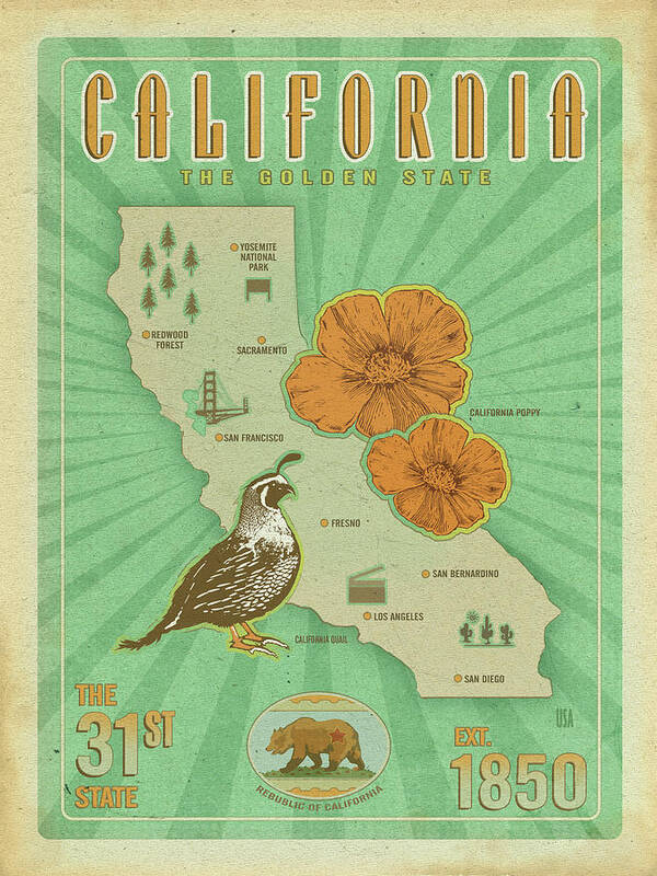 California Map Poster featuring the mixed media California Map by Old Red Truck