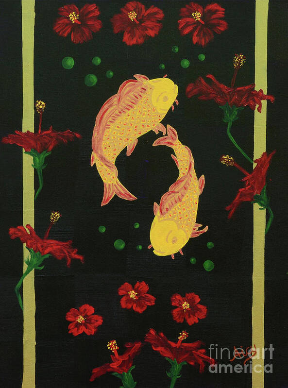 Carp Poster featuring the painting Carp and Hibiscus by Aicy Karbstein
