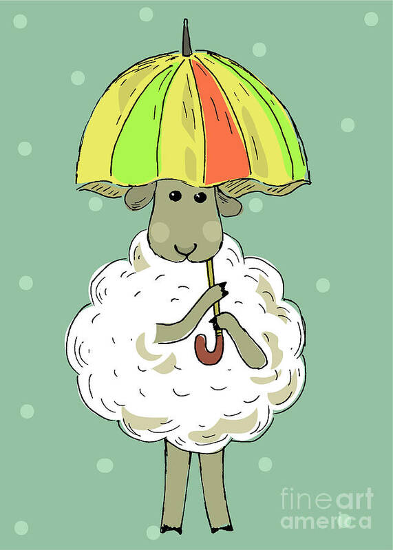 Snow Poster featuring the digital art Cartoon Sheep Under Umbrella by Tatiana Bauskova