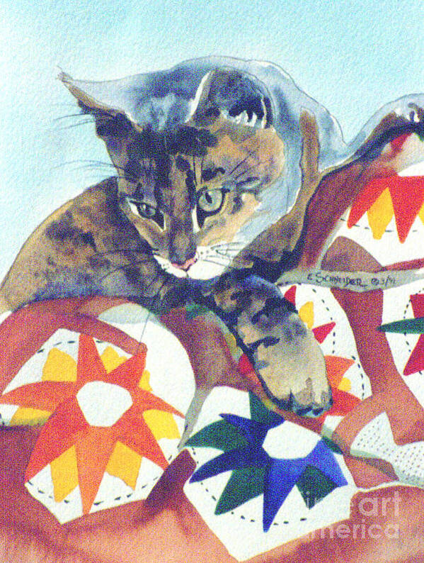 Cat Poster featuring the painting Cat On A Quilt by Edie Schneider