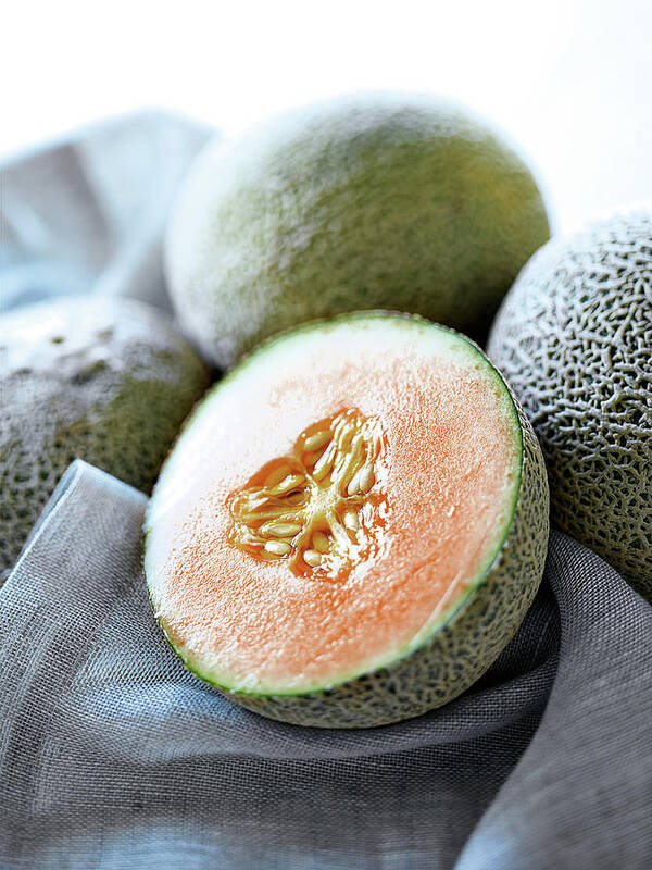 White Background Poster featuring the digital art Close Up Of Halved Melon by Kam & Co.