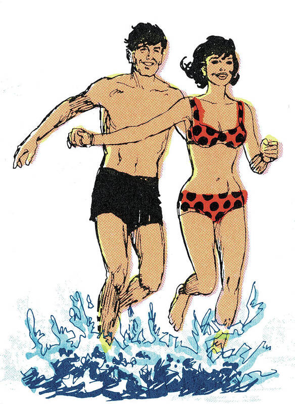 Adult Poster featuring the drawing Couple Running in the Water by CSA Images