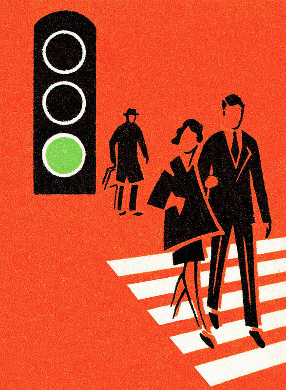 Across Poster featuring the drawing Crosswalk at green light by CSA Images