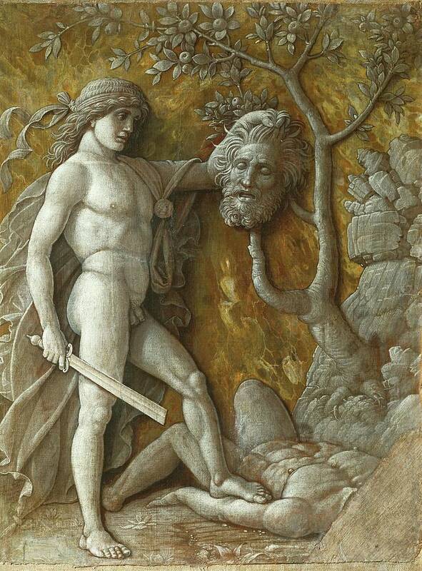 Andrea Mantegna Poster featuring the painting David and Goliath. Monochrome workshop painting Imitation of a relief -around 1490- 8.5 x 36 cm. by Andrea Mantegna -1431-1506-