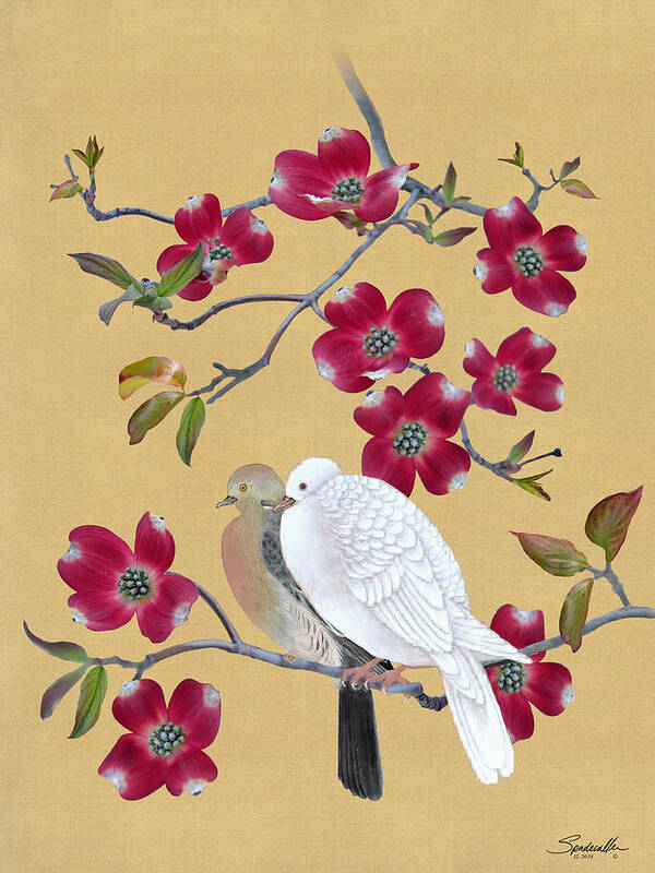 Doves Poster featuring the digital art Doves In Red Dogwood Tree by M Spadecaller