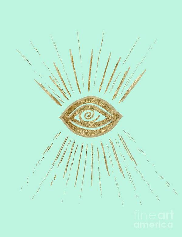 Ink-pen Poster featuring the drawing Evil Eye Gold on Mint #1 #drawing #decor #art by Anitas and Bellas Art