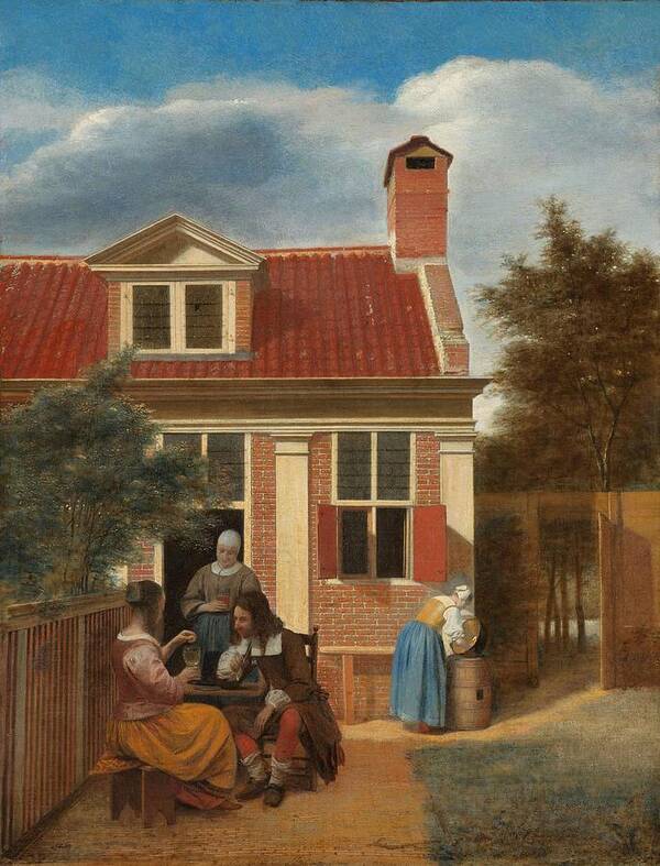 Canvas Poster featuring the painting Figures in a Courtyard behind a House. Three Women and a Man in the Courtyard behind a House. Dat... by Pieter De Hooch