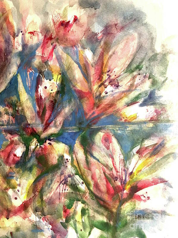 Impressionistic Floral Landscape Louisiana Watercolor Abstract Impressionism Water Bayou Lake Verret Blue Set Design Iris Abstract Painting Abstract Landscape Purple Trees Fishing Painting Bayou Scene Cypress Trees Swamp Bloom Elegant Flower Watercolor Coastal Bird Water Bird Interior Design Imaginative Landscape Oak Tree Louisiana Abstract Impressionism Set Design Fort Worth Texas Poster featuring the painting Floral Shore by Francelle Theriot