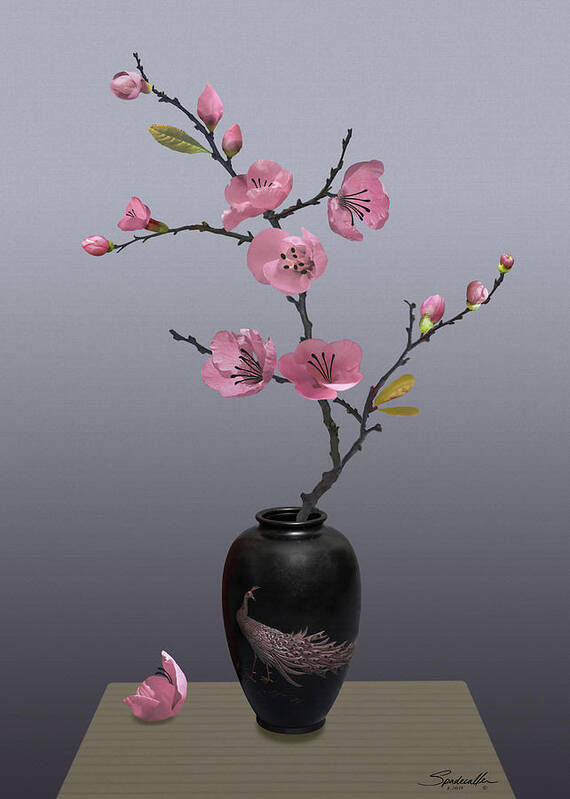 Asian Poster featuring the digital art Flowering Pink Quince in Vase by M Spadecaller