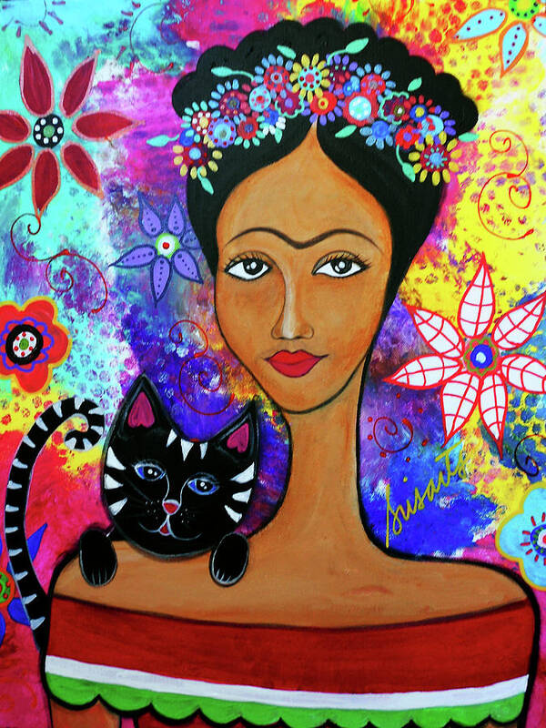 Frida And Her Cat Poster featuring the painting Frida And Her Cat by Prisarts