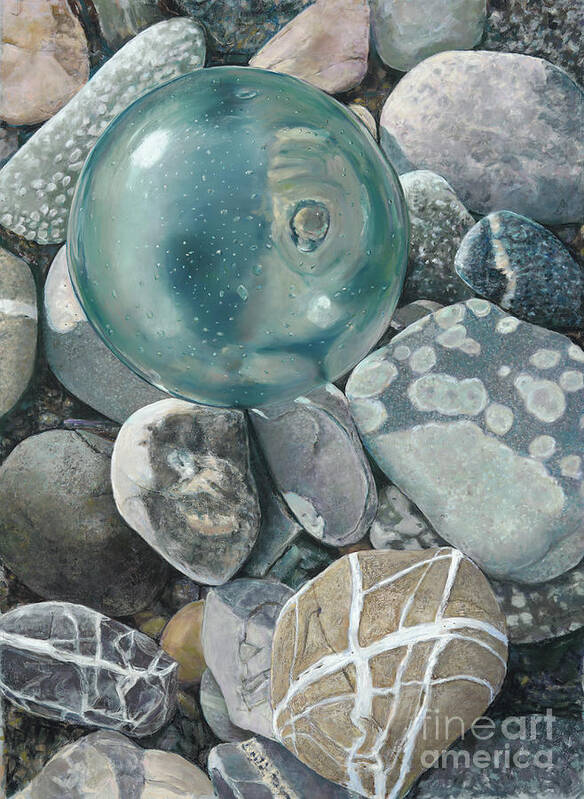 Birdseye Art Studio Poster featuring the painting Glass Float and Beach Rocks by Nick Payne