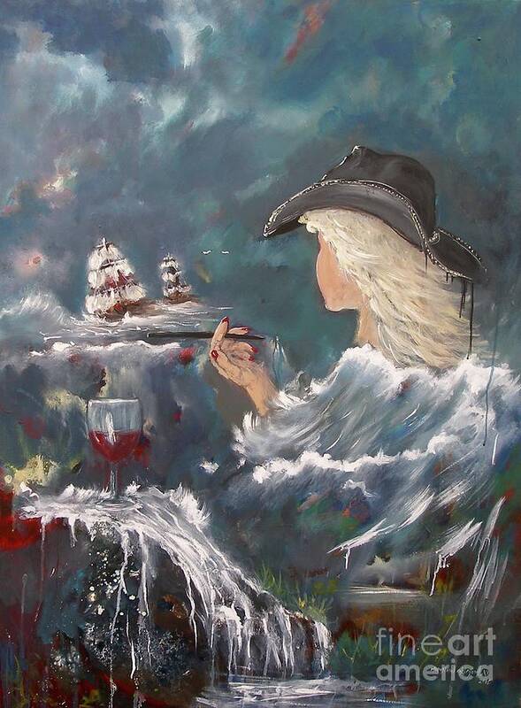 Glass Of Wine Painting Acrylic Woman Ocean Water Wave Miroslaw Chelchowski Blue Ship Boat Sailing Abstract Waterfall Red Hat Smoking Poster featuring the painting Glass Of Wine by Miroslaw Chelchowski