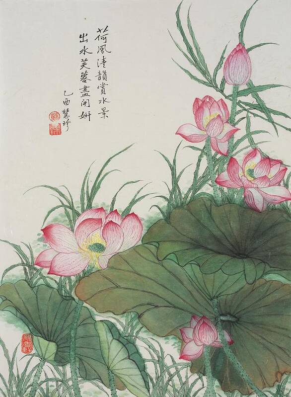 Chinese Watercolor Poster featuring the painting Flowering Lotus by Jenny Sanders