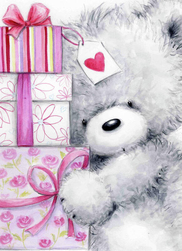 Grey Bear With Presents Poster featuring the mixed media Grey Bear With Presents by Makiko