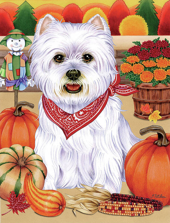 Harvest Westie Poster featuring the mixed media Harvest Westie by Tomoyo Pitcher