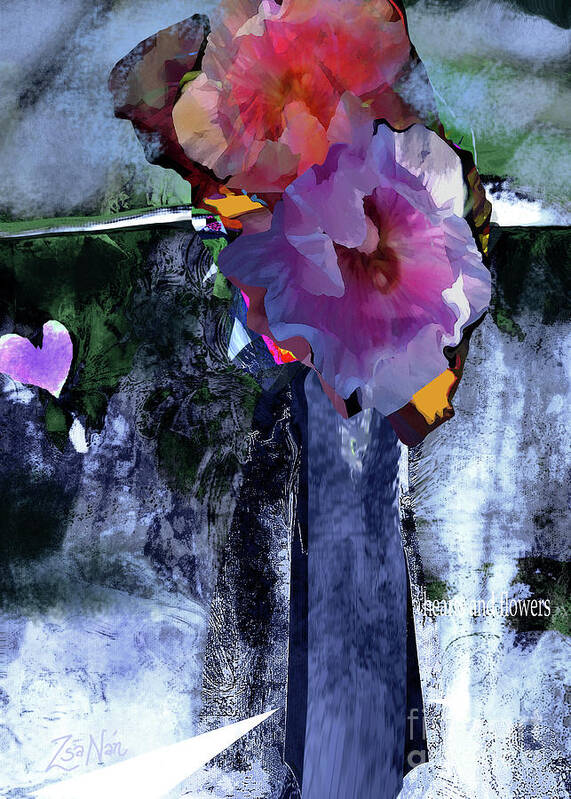 Abstract Poster featuring the mixed media Hearts and Flowers Love at First Light No 3 by Zsanan Studio