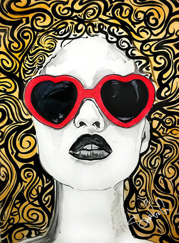Glasses Heart Hearts Lips Hair Abstract Tribal Woman Lady Girl Female Love Eyes Shades Cool Sexy Mouth Feminine Gold Glitter Hot Poster featuring the painting Her hair a buzz, heart glasses just because by Sergio Gutierrez