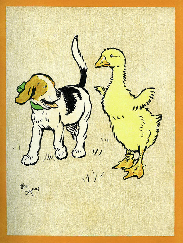 Puppy Poster featuring the mixed media Illustration of puppy and gosling by Cecil Aldin