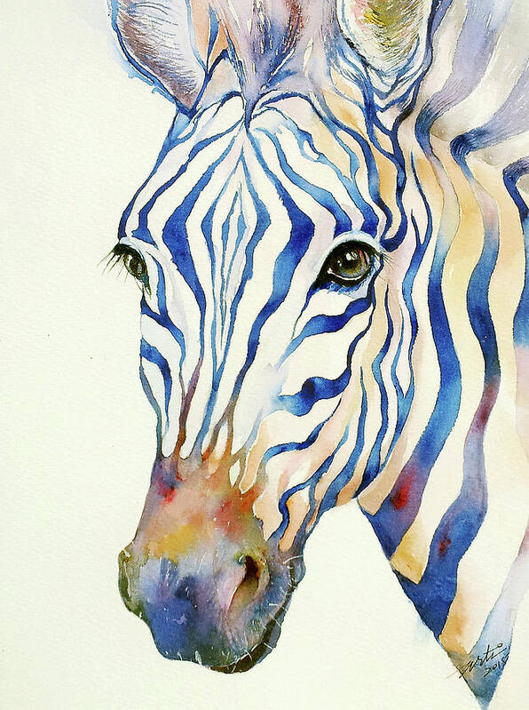 Zebra Poster featuring the painting Intense Blue Zebra by Arti Chauhan