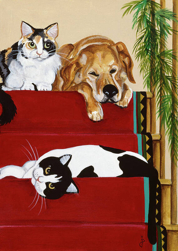 Two Cats And A Dog Lying On The Red Carpeted Stairs
Domestic Cats Poster featuring the painting Jp14 by Jan Panico