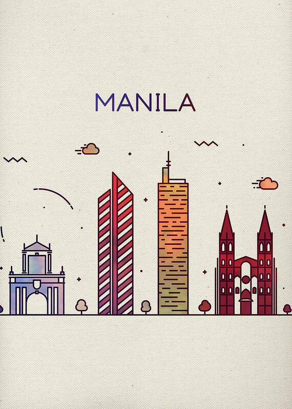 Manila Poster featuring the mixed media Manila Philippines Whimsical City Skyline Fun Bright Tall Series by Design Turnpike