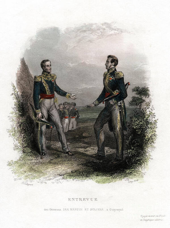 Engraving Poster featuring the drawing Meeting Between Generals San Martin by Print Collector