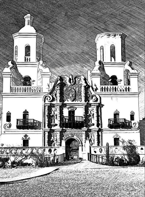 Mission Poster featuring the mixed media Mission San Xavier del Bac - Bw Sketch by Tatiana Travelways