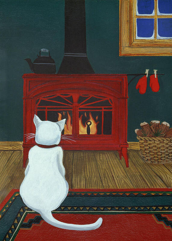 White Cat Sitting By The Fire With Mittens Drying
Domestic Cats Poster featuring the painting Mittens Warming By The Fire by Jan Panico