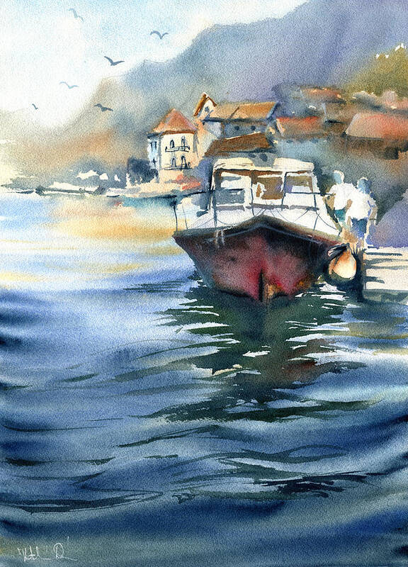 Watercolor Boat Poster featuring the painting Morning At The Bay by Dora Hathazi Mendes
