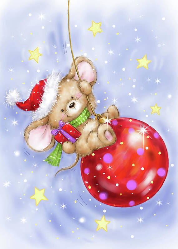 Mouse On Bauble Poster featuring the mixed media Mouse On Bauble by Makiko