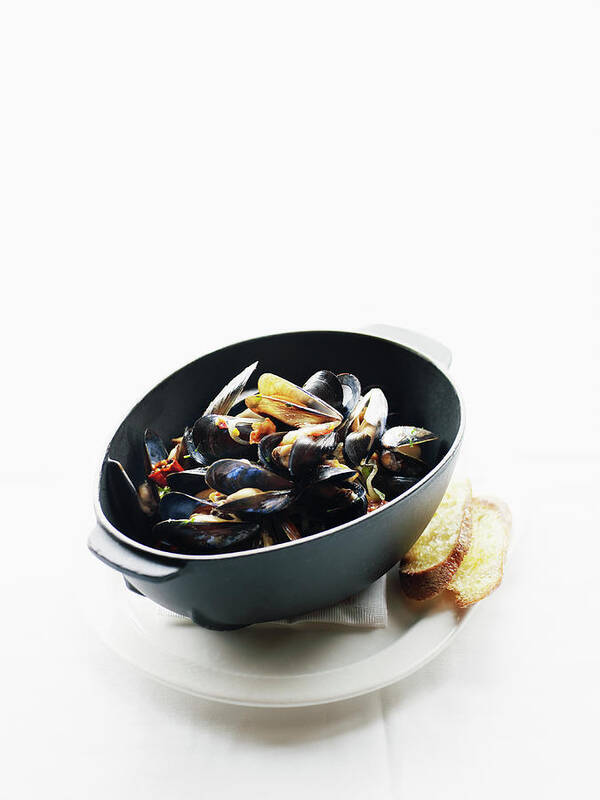 White Background Poster featuring the photograph Mussels With House Made Pancetta by Thomas Barwick