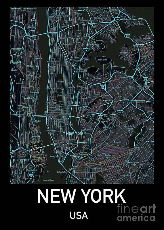 Nyc Poster featuring the digital art New York City Map Black edition by HELGE Art Gallery