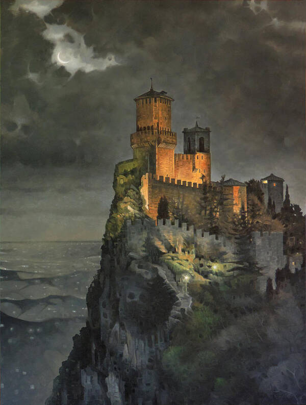 Castle Medieval Realism Oil Painting Fine Art Night Moon Ocean Shoreline Poster featuring the painting Once Upon A Crescent Night by T S Carson
