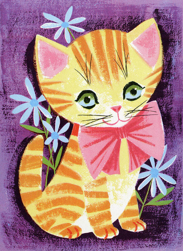 Animal Poster featuring the drawing Orange Cat Wearing Bow by CSA Images