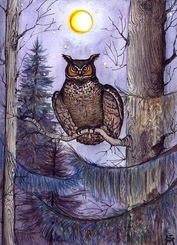 Great Horned Owl Poster featuring the painting Owl Amid The Evergreen by Katherine Miller