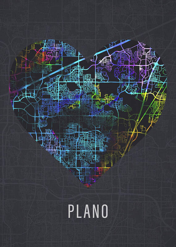 Plano Poster featuring the mixed media Plano Texas City Heart Street Map Love Dark Mode by Design Turnpike