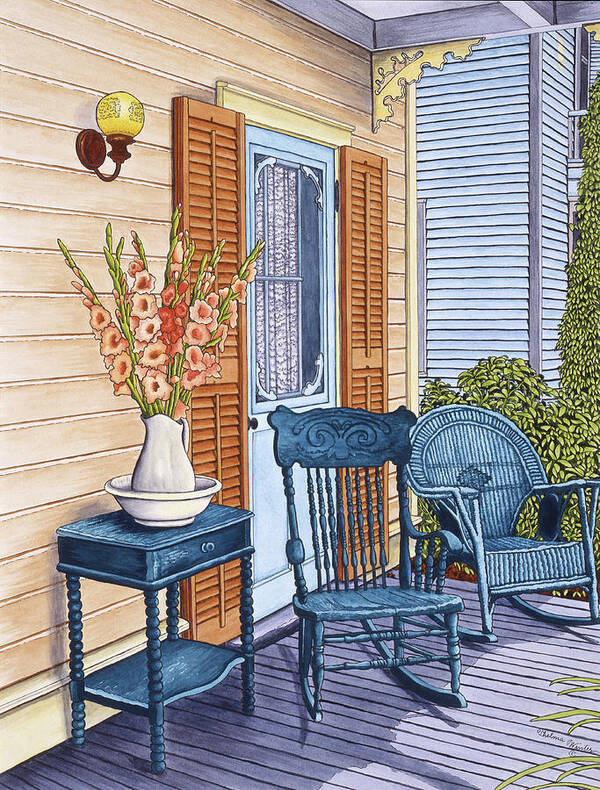 Blue Wicker Furniture On Porch With Vase Of Flowers On Stand Poster featuring the painting Porch Light by Thelma Winter