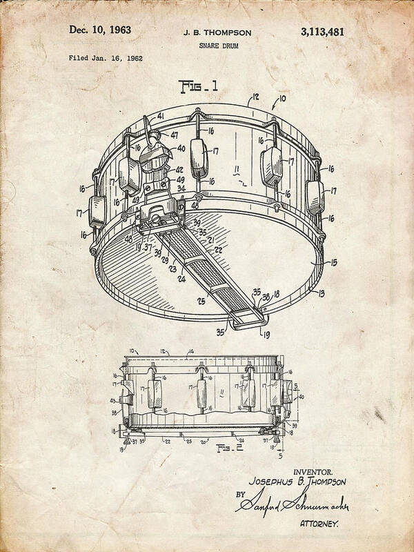 Pp1018-vintage Parchment Rogers Snare Drum Patent Poster Poster featuring the digital art Pp1018-vintage Parchment Rogers Snare Drum Patent Poster by Cole Borders
